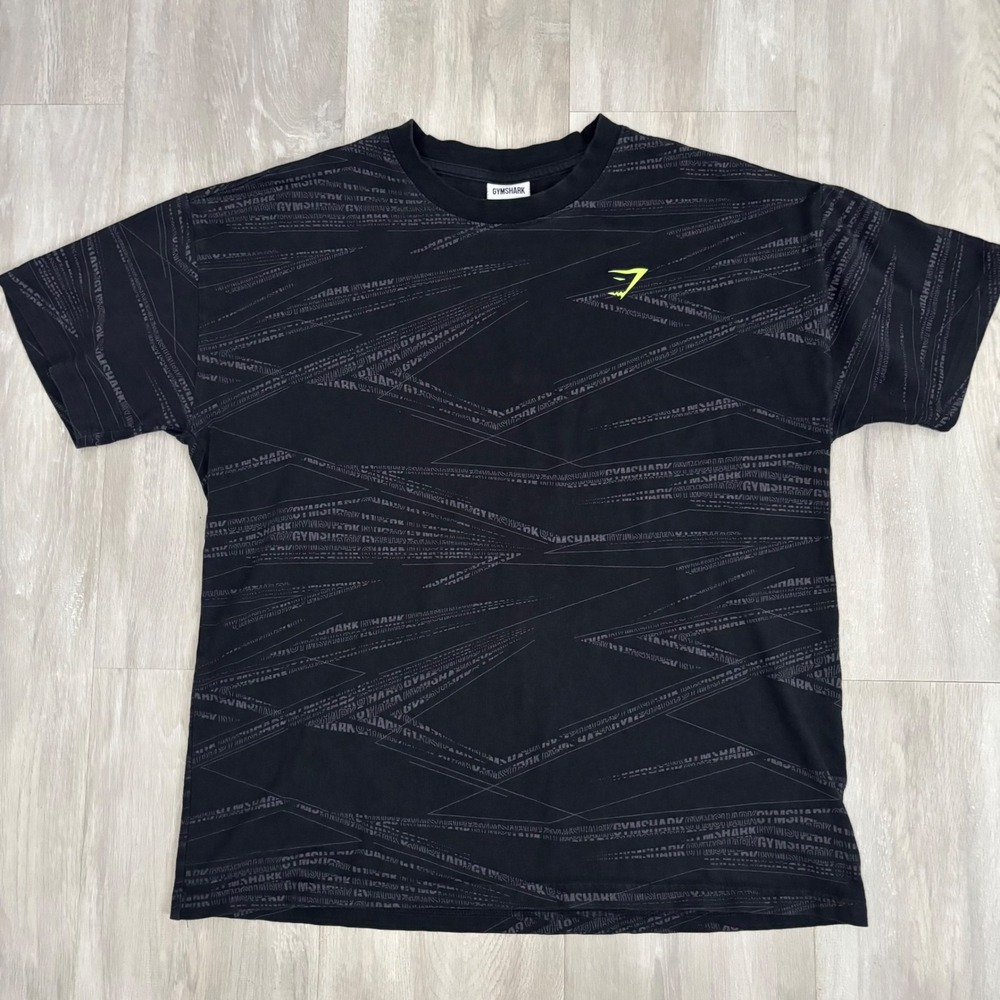 Gymshark Graphic T-Shirt Black Grey All Over Print Logo Men's Small